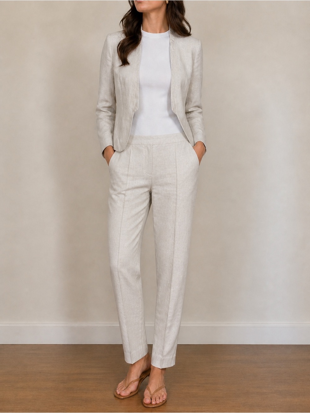 Linen Blend Blazer Size 4 Beige Lightweight Tailored Jacket (pant set separate)